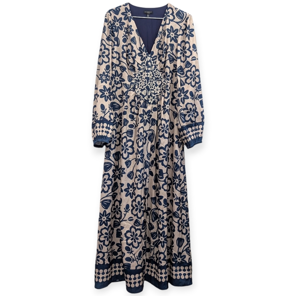 Current Air Boho Floral Maxi Dress Navy Beige Long Sleeve Large - Picture 1 of 4
